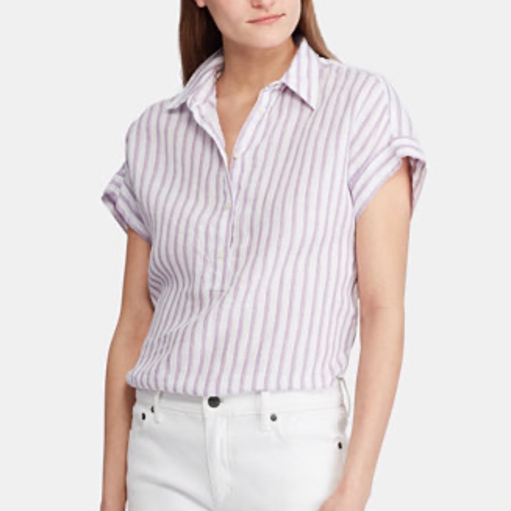 Lauren Ralph Lauren 100% linen stripe purple white